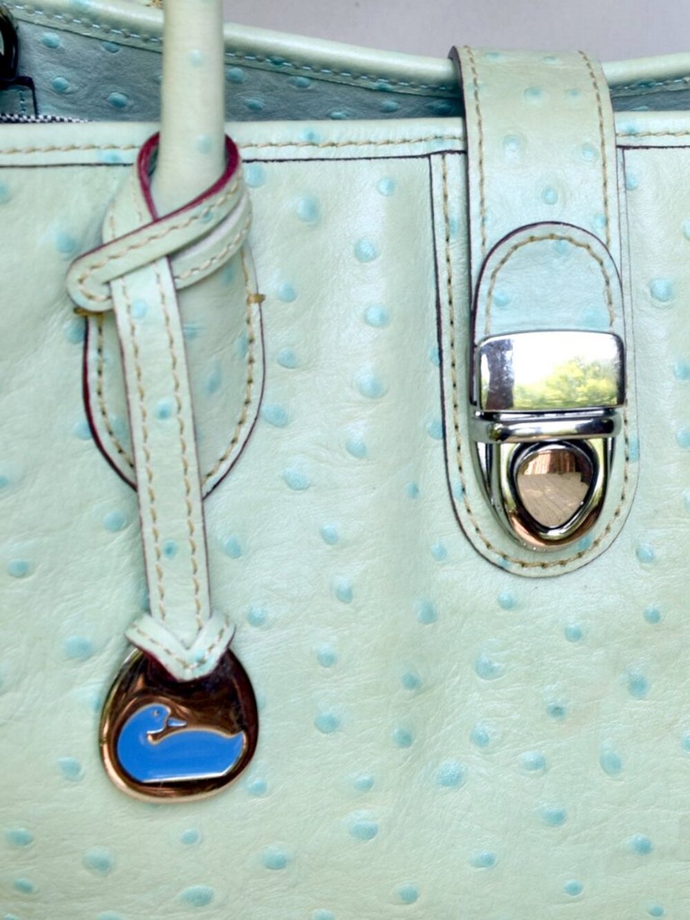 Dooney & Bourke Ostrich Embossed Leather Satchel Aqua Seafoam Blue Shoulder Bag - Picture 3 of 15